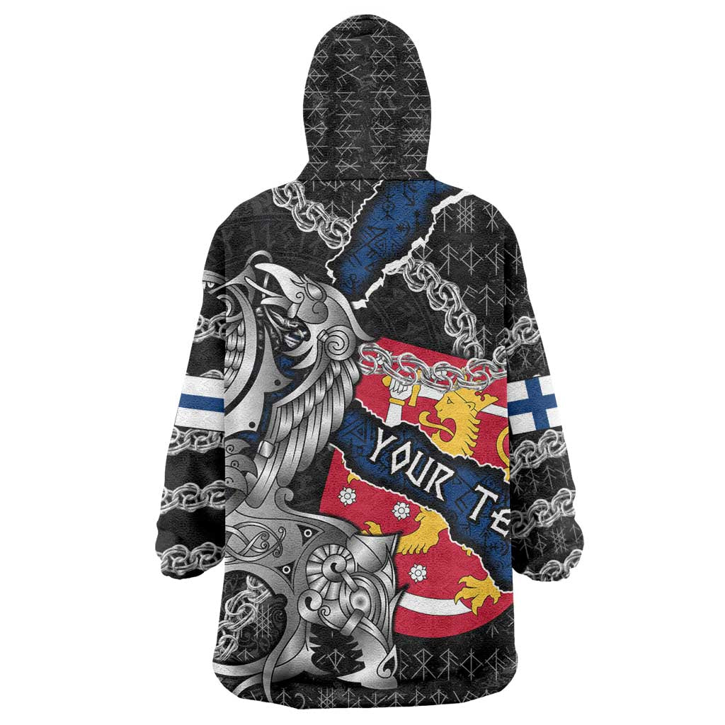 Personalized Finland Vikings Wearable Blanket Hoodie Nordic Lion Bound in Runes and Chains