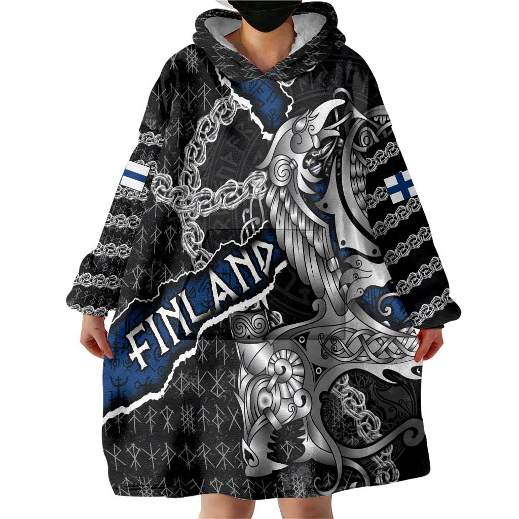 Personalized Finland Vikings Wearable Blanket Hoodie Nordic Lion Bound in Runes and Chains