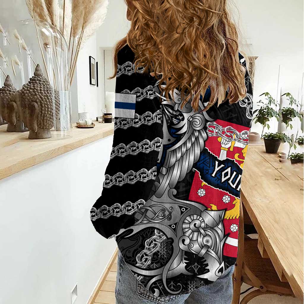 Personalized Finland Vikings Women Casual Shirt Nordic Lion Bound in Runes and Chains