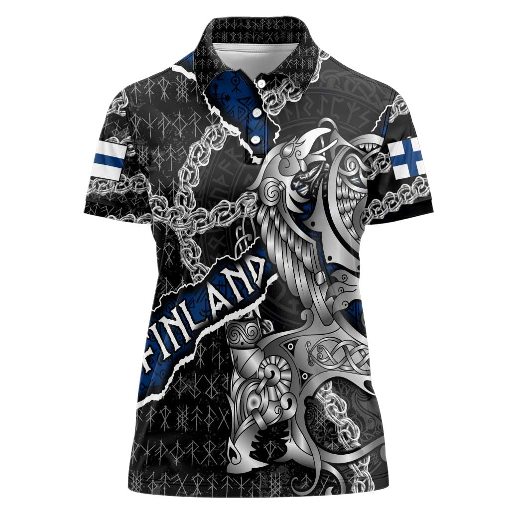 Personalized Finland Vikings Women Polo Shirt Nordic Lion Bound in Runes and Chains