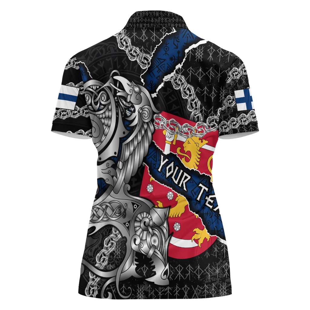 Personalized Finland Vikings Women Polo Shirt Nordic Lion Bound in Runes and Chains
