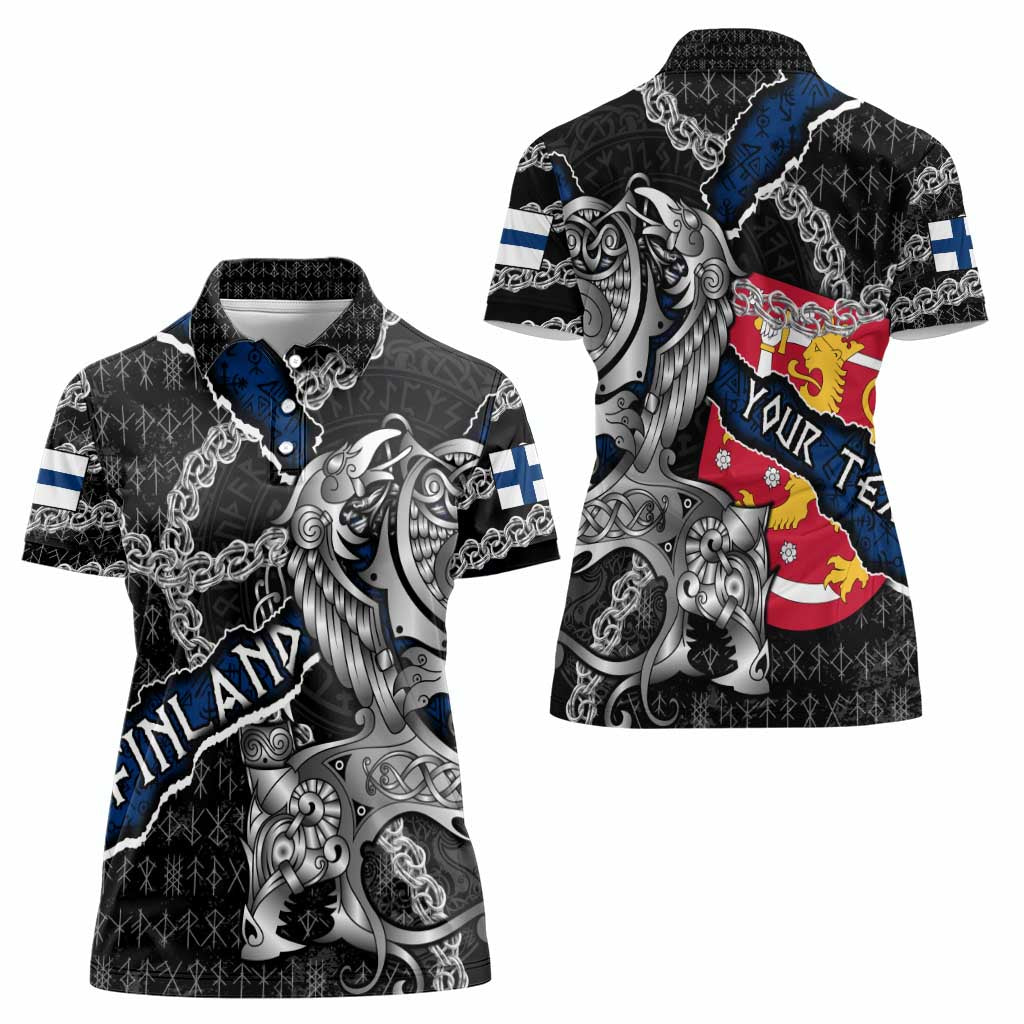 Personalized Finland Vikings Women Polo Shirt Nordic Lion Bound in Runes and Chains