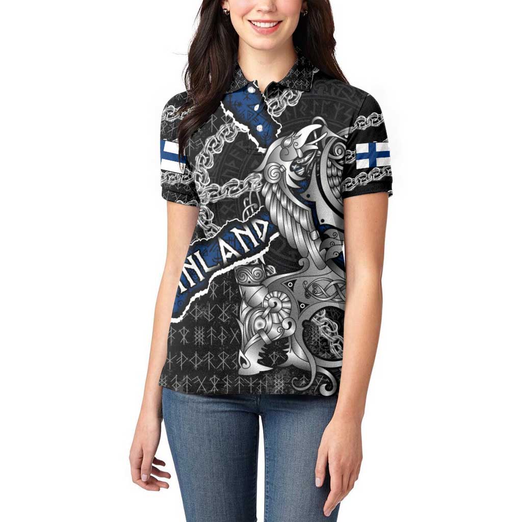 Personalized Finland Vikings Women Polo Shirt Nordic Lion Bound in Runes and Chains