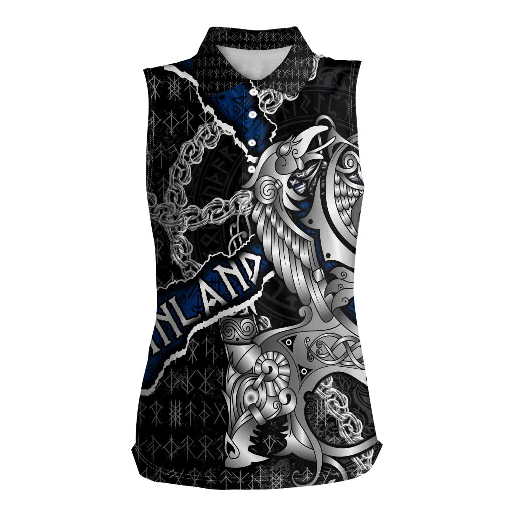Personalized Finland Vikings Women Sleeveless Polo Shirt Nordic Lion Bound in Runes and Chains