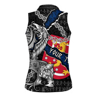 Personalized Finland Vikings Women Sleeveless Polo Shirt Nordic Lion Bound in Runes and Chains