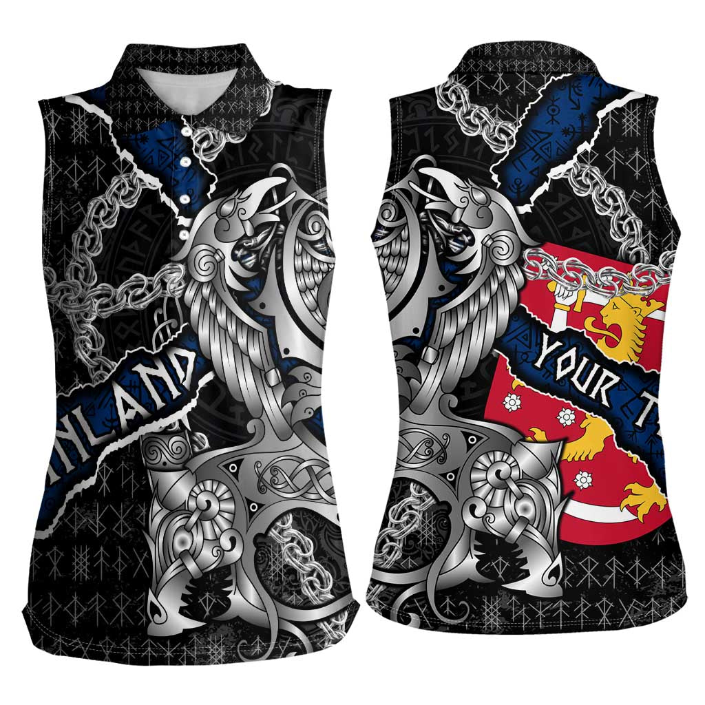 Personalized Finland Vikings Women Sleeveless Polo Shirt Nordic Lion Bound in Runes and Chains