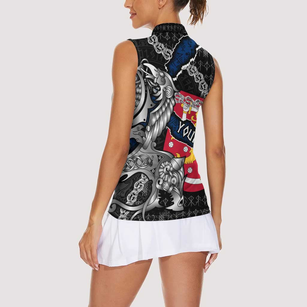 Personalized Finland Vikings Women Sleeveless Polo Shirt Nordic Lion Bound in Runes and Chains