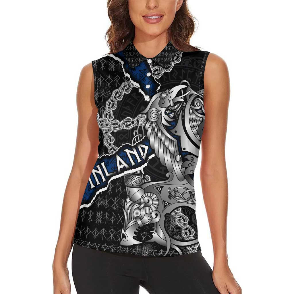 Personalized Finland Vikings Women Sleeveless Polo Shirt Nordic Lion Bound in Runes and Chains