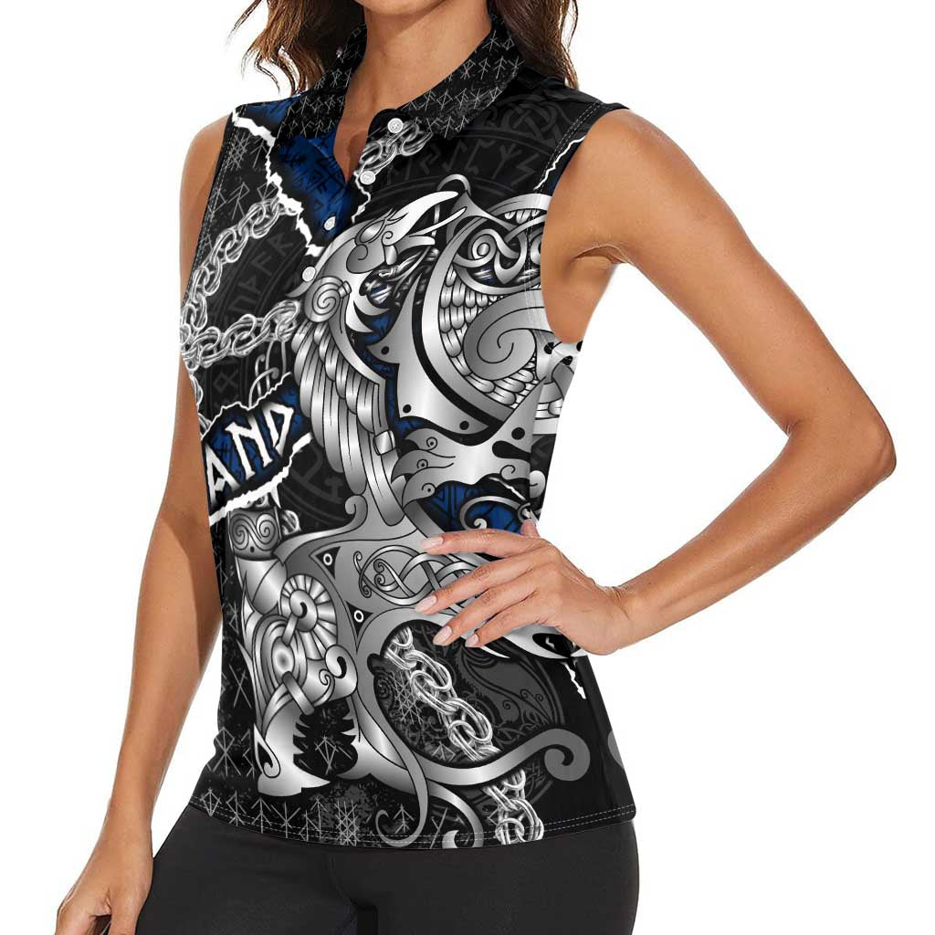 Personalized Finland Vikings Women Sleeveless Polo Shirt Nordic Lion Bound in Runes and Chains