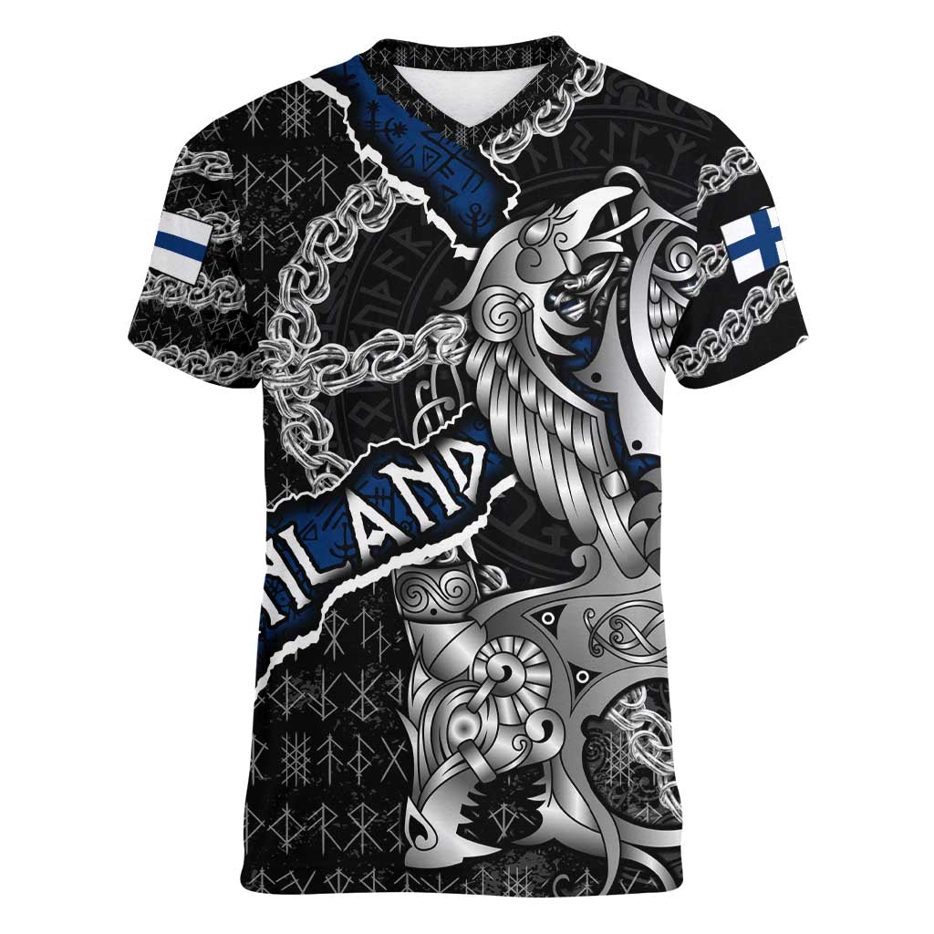 Personalized Finland Vikings Women V-Neck T-Shirt Nordic Lion Bound in Runes and Chains