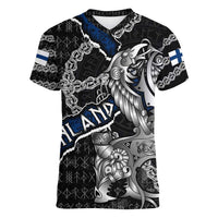 Personalized Finland Vikings Women V-Neck T-Shirt Nordic Lion Bound in Runes and Chains