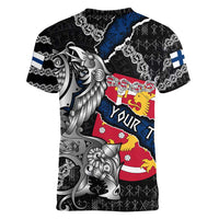 Personalized Finland Vikings Women V-Neck T-Shirt Nordic Lion Bound in Runes and Chains