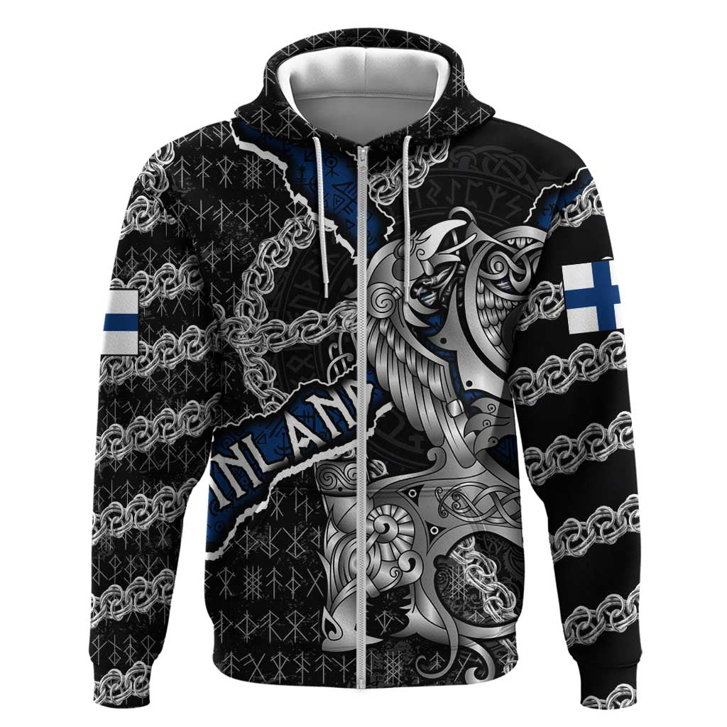 Personalized Finland Vikings Zip Hoodie Nordic Lion Bound in Runes and Chains