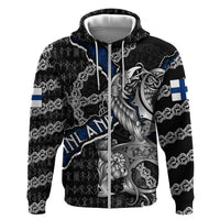 Personalized Finland Vikings Zip Hoodie Nordic Lion Bound in Runes and Chains