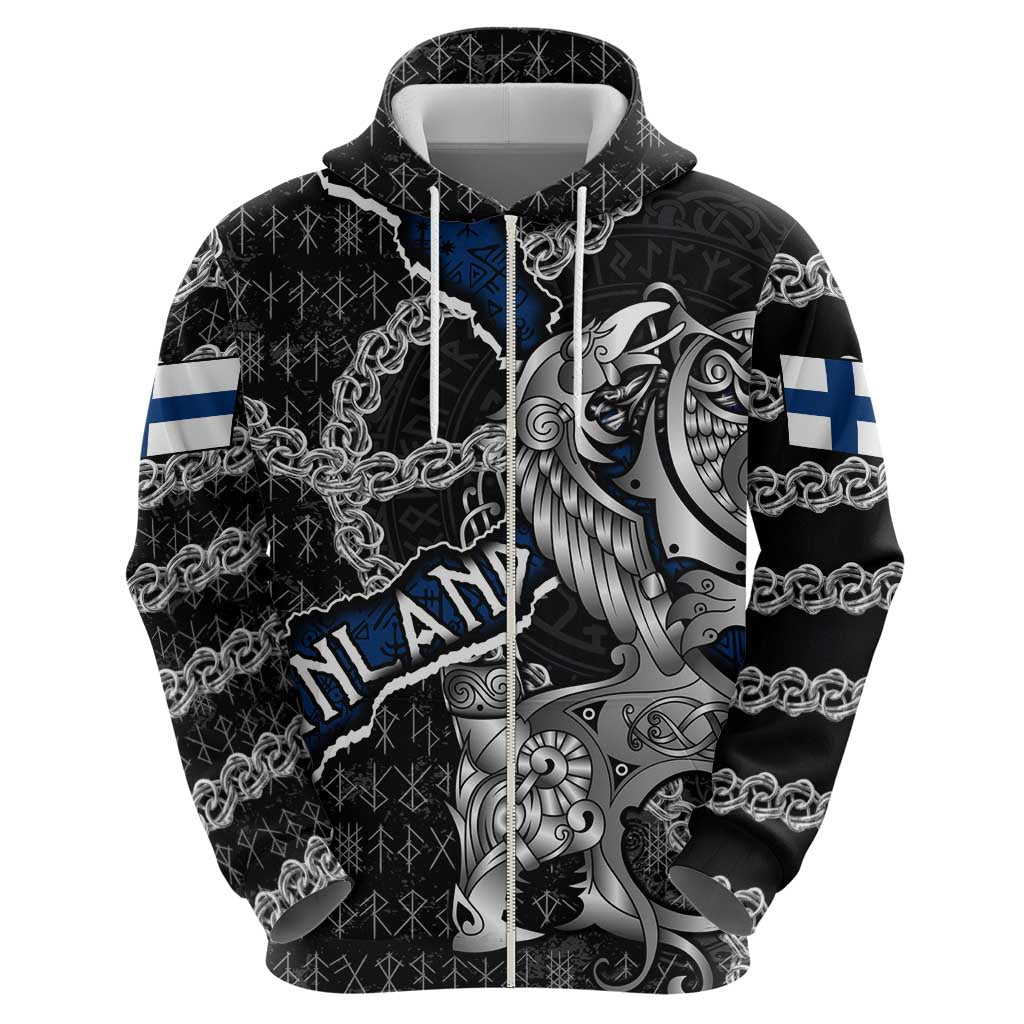 Personalized Finland Vikings Zip Hoodie Nordic Lion Bound in Runes and Chains