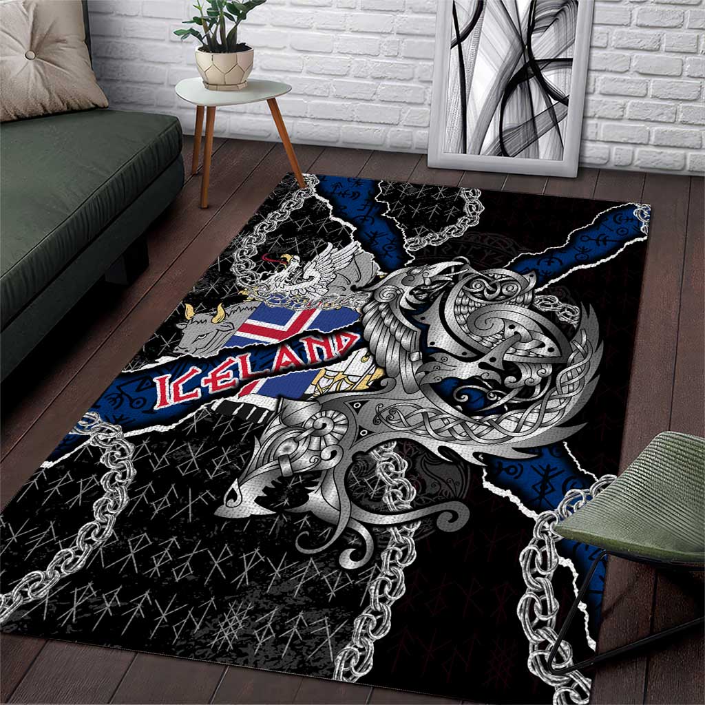 Iceland Vikings Area Rug Nordic Lion Bound in Runes and Chains