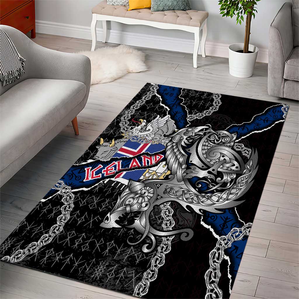Iceland Vikings Area Rug Nordic Lion Bound in Runes and Chains