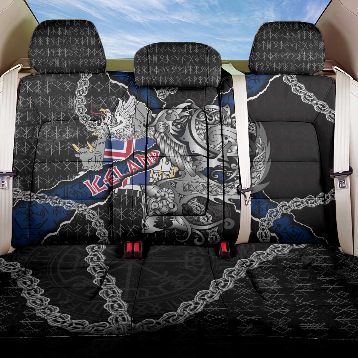 Iceland Vikings Back Car Seat Cover Nordic Lion Bound in Runes and Chains