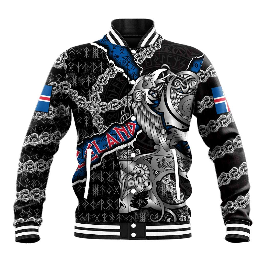 Personalized Iceland Vikings Baseball Jacket Nordic Lion Bound in Runes and Chains