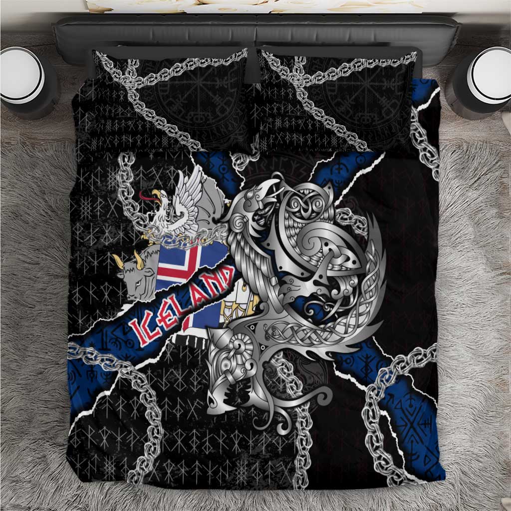Iceland Vikings Bedding Set Nordic Lion Bound in Runes and Chains