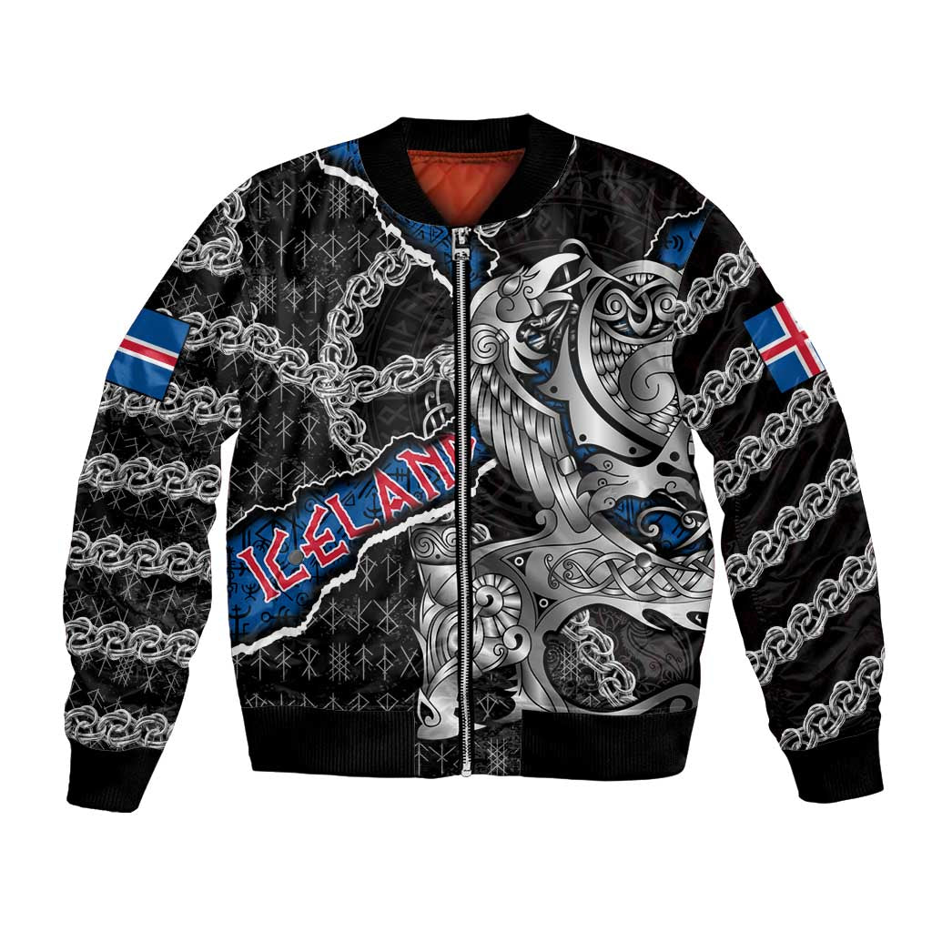 Personalized Iceland Vikings Bomber Jacket Nordic Lion Bound in Runes and Chains