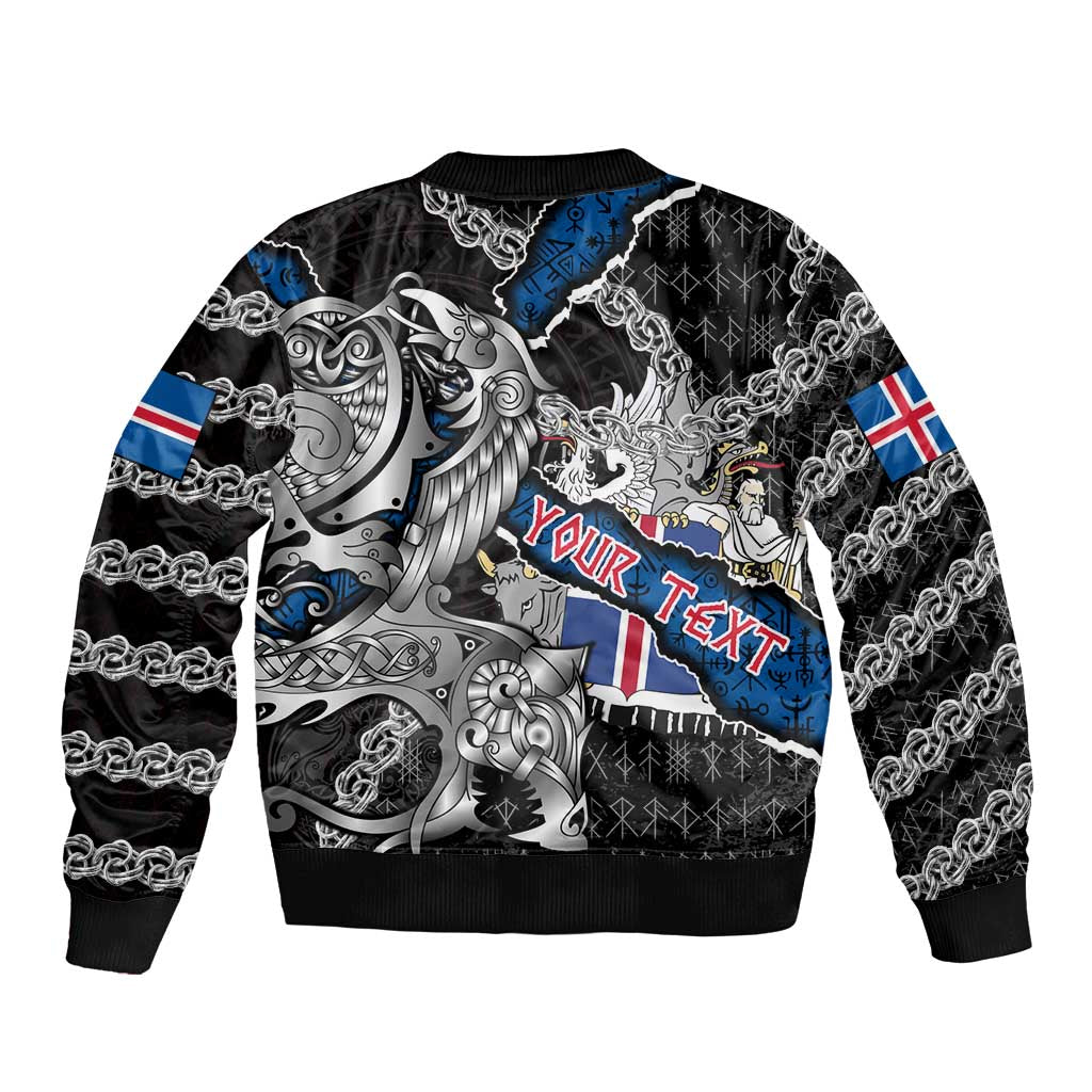 Personalized Iceland Vikings Bomber Jacket Nordic Lion Bound in Runes and Chains