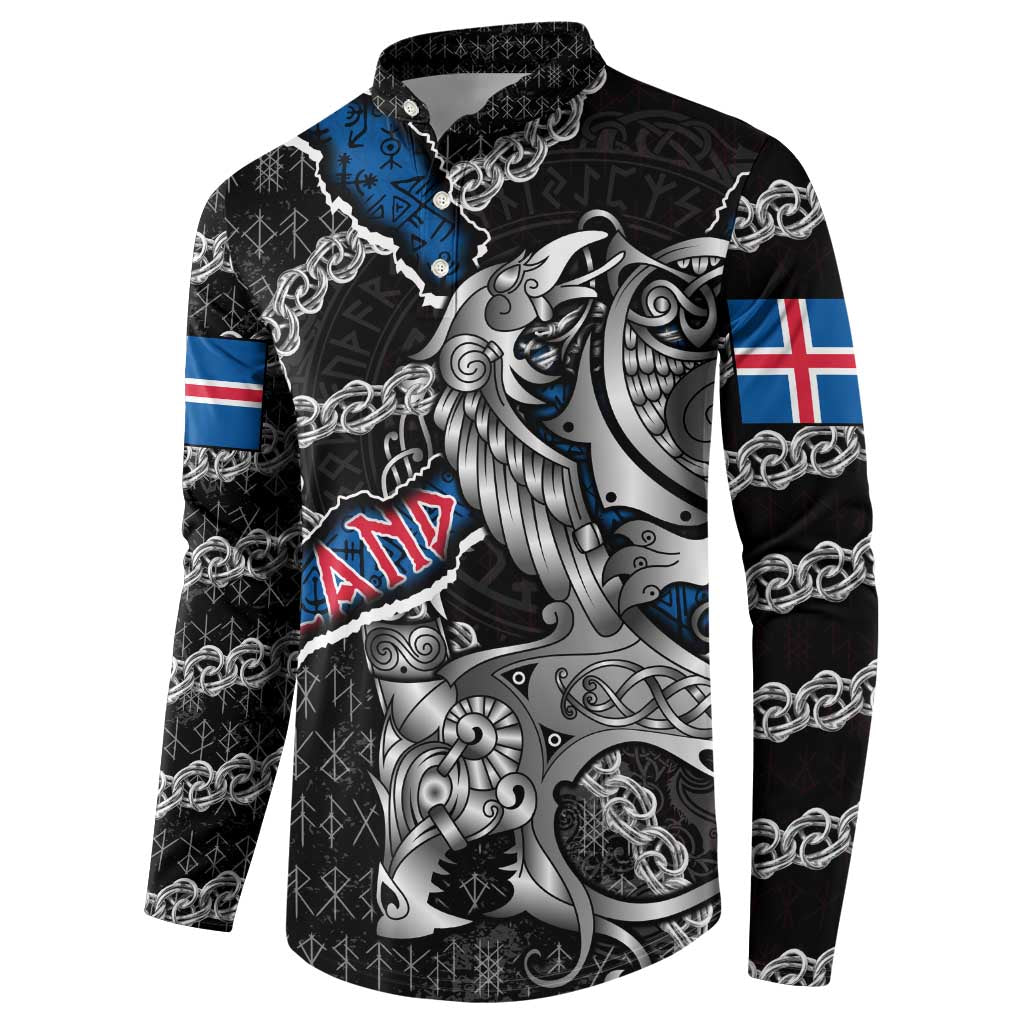 Personalized Iceland Vikings Button Sweatshirt Nordic Lion Bound in Runes and Chains