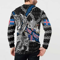 Personalized Iceland Vikings Button Sweatshirt Nordic Lion Bound in Runes and Chains