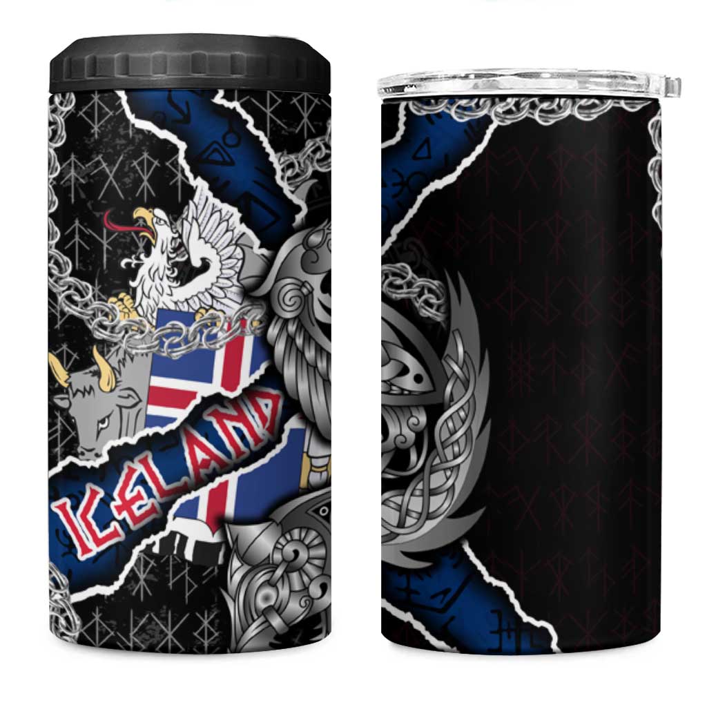 Iceland Vikings 4 in 1 Can Cooler Tumbler Nordic Lion Bound in Runes and Chains