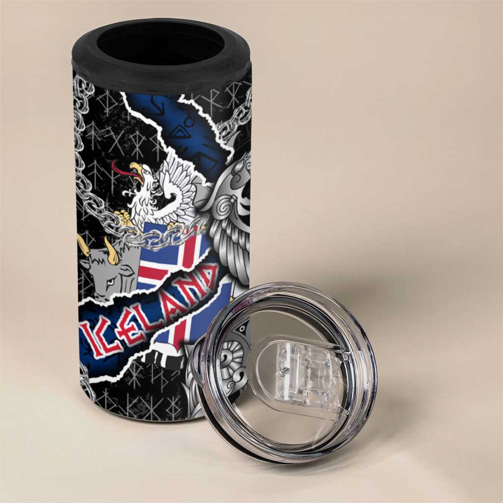 Iceland Vikings 4 in 1 Can Cooler Tumbler Nordic Lion Bound in Runes and Chains