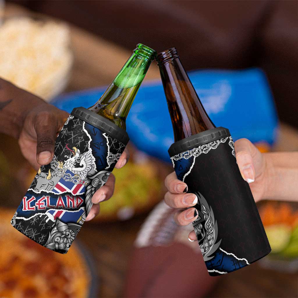 Iceland Vikings 4 in 1 Can Cooler Tumbler Nordic Lion Bound in Runes and Chains