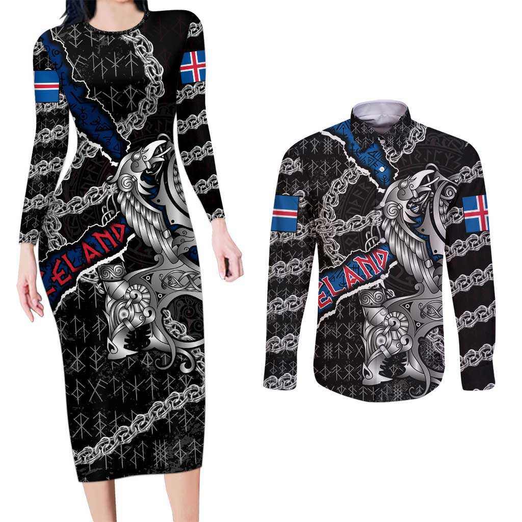 Personalized Iceland Vikings Couples Matching Long Sleeve Bodycon Dress and Long Sleeve Button Shirt Nordic Lion Bound in Runes and Chains
