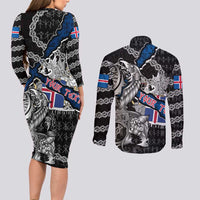 Personalized Iceland Vikings Couples Matching Long Sleeve Bodycon Dress and Long Sleeve Button Shirt Nordic Lion Bound in Runes and Chains