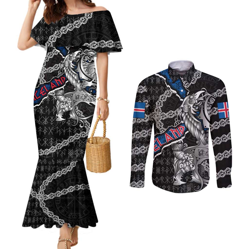 Personalized Iceland Vikings Couples Matching Mermaid Dress and Long Sleeve Button Shirt Nordic Lion Bound in Runes and Chains