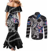 Personalized Iceland Vikings Couples Matching Mermaid Dress and Long Sleeve Button Shirt Nordic Lion Bound in Runes and Chains