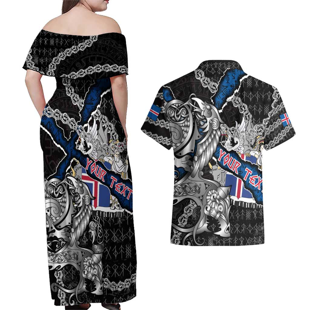 Personalized Iceland Vikings Couples Matching Off Shoulder Maxi Dress and Hawaiian Shirt Nordic Lion Bound in Runes and Chains