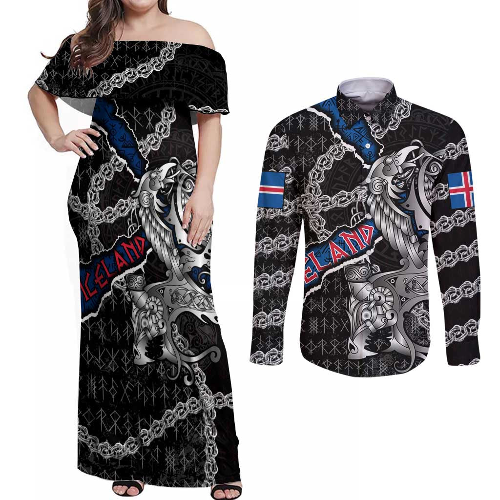 Personalized Iceland Vikings Couples Matching Off Shoulder Maxi Dress and Long Sleeve Button Shirt Nordic Lion Bound in Runes and Chains