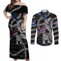 Personalized Iceland Vikings Couples Matching Off Shoulder Maxi Dress and Long Sleeve Button Shirt Nordic Lion Bound in Runes and Chains