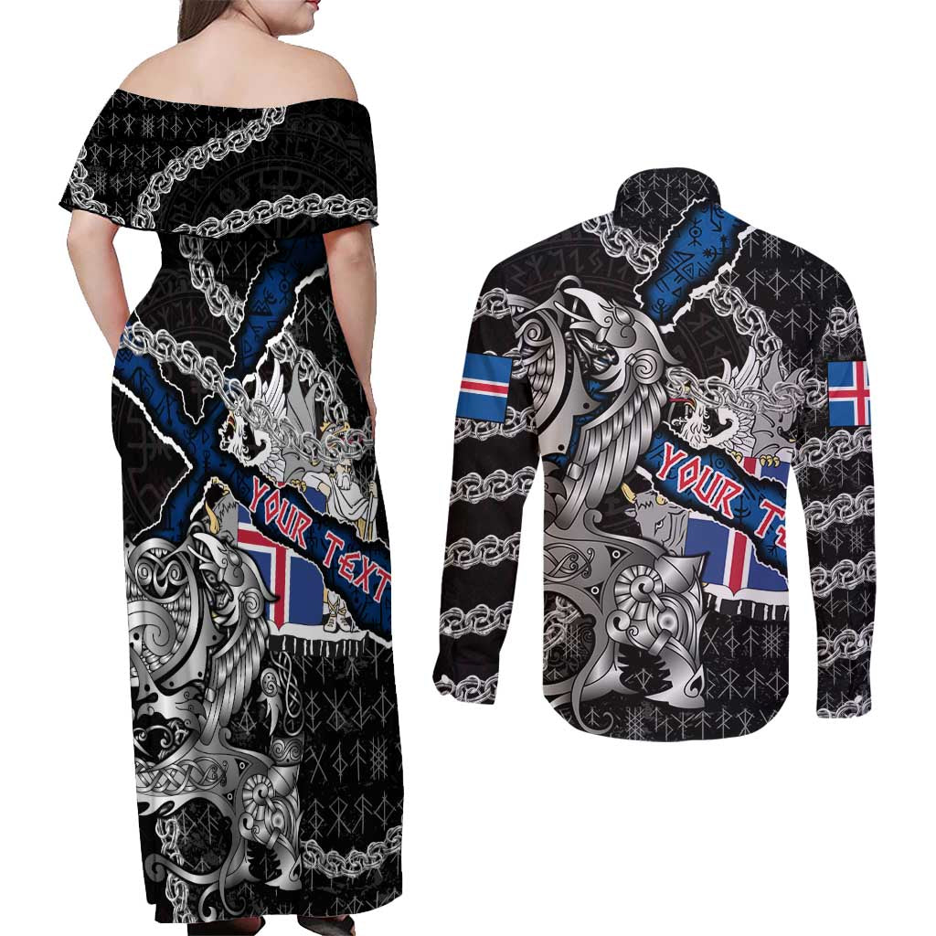 Personalized Iceland Vikings Couples Matching Off Shoulder Maxi Dress and Long Sleeve Button Shirt Nordic Lion Bound in Runes and Chains