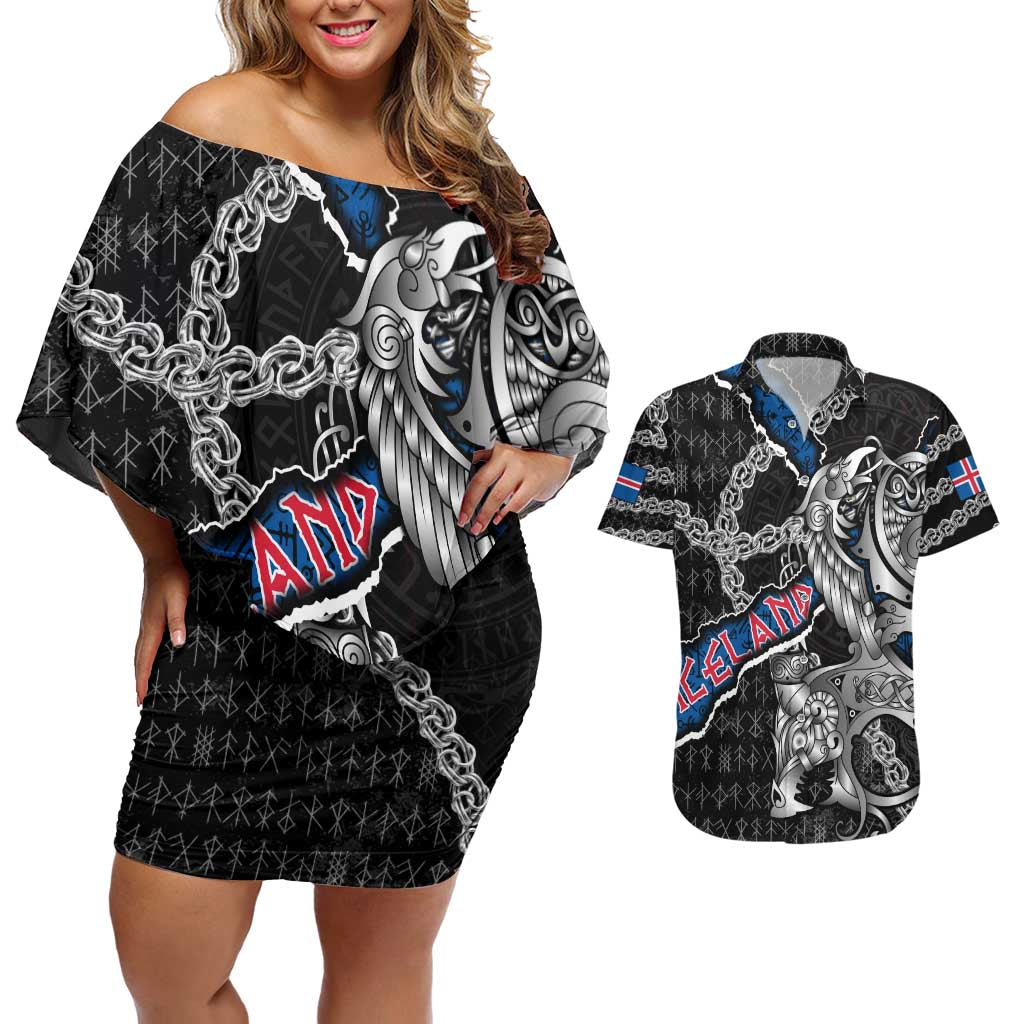Personalized Iceland Vikings Couples Matching Off Shoulder Short Dress and Hawaiian Shirt Nordic Lion Bound in Runes and Chains