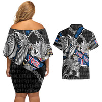 Personalized Iceland Vikings Couples Matching Off Shoulder Short Dress and Hawaiian Shirt Nordic Lion Bound in Runes and Chains