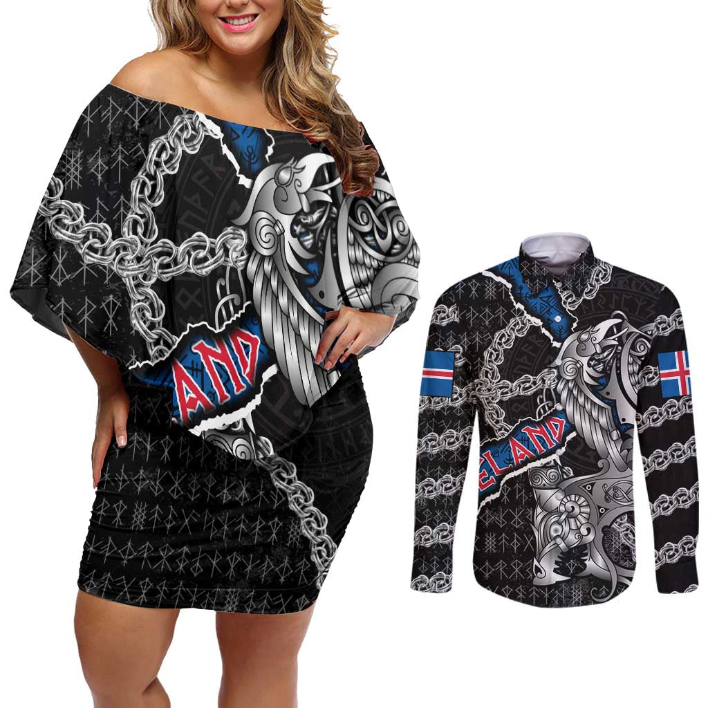 Personalized Iceland Vikings Couples Matching Off Shoulder Short Dress and Long Sleeve Button Shirt Nordic Lion Bound in Runes and Chains