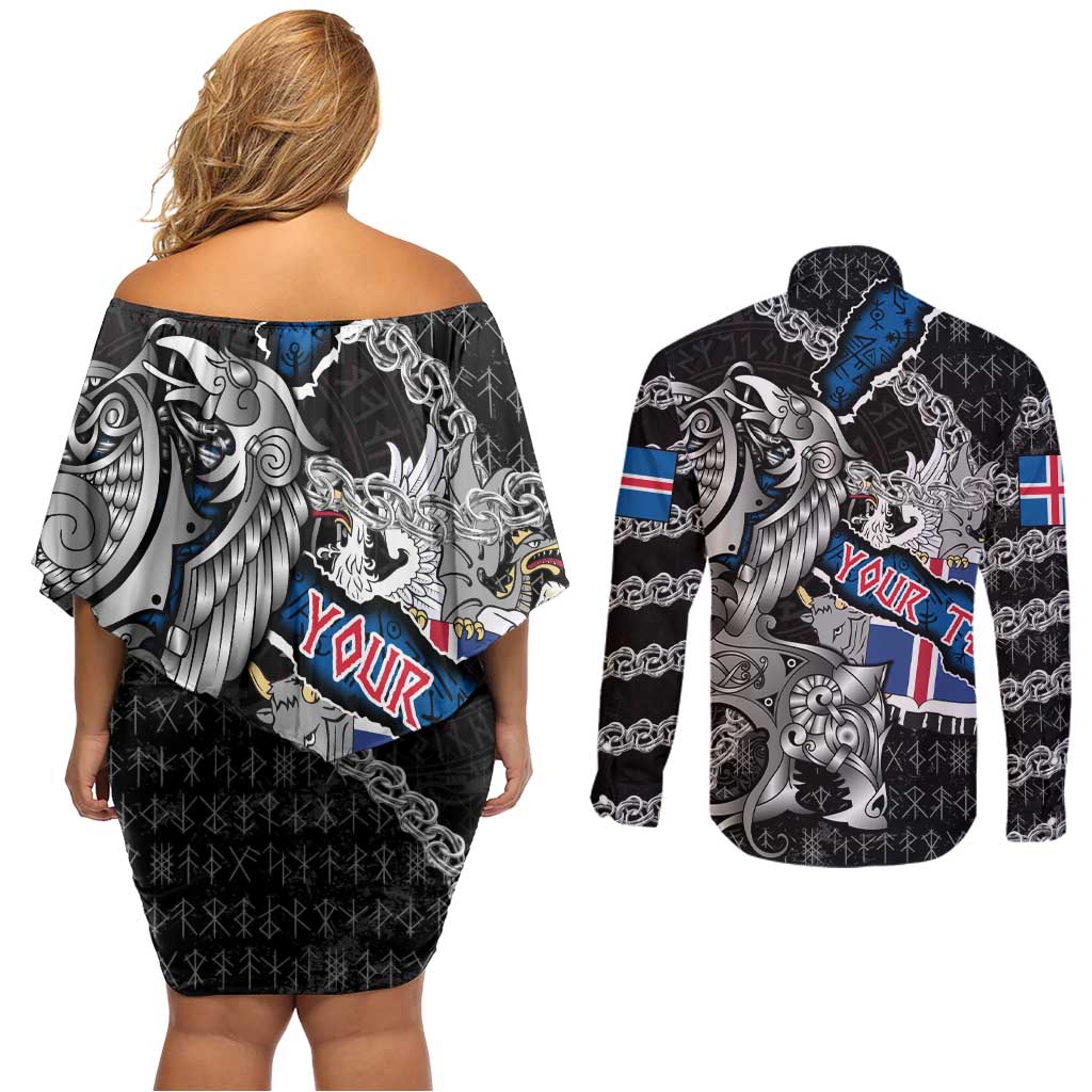 Personalized Iceland Vikings Couples Matching Off Shoulder Short Dress and Long Sleeve Button Shirt Nordic Lion Bound in Runes and Chains