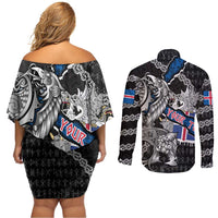 Personalized Iceland Vikings Couples Matching Off Shoulder Short Dress and Long Sleeve Button Shirt Nordic Lion Bound in Runes and Chains