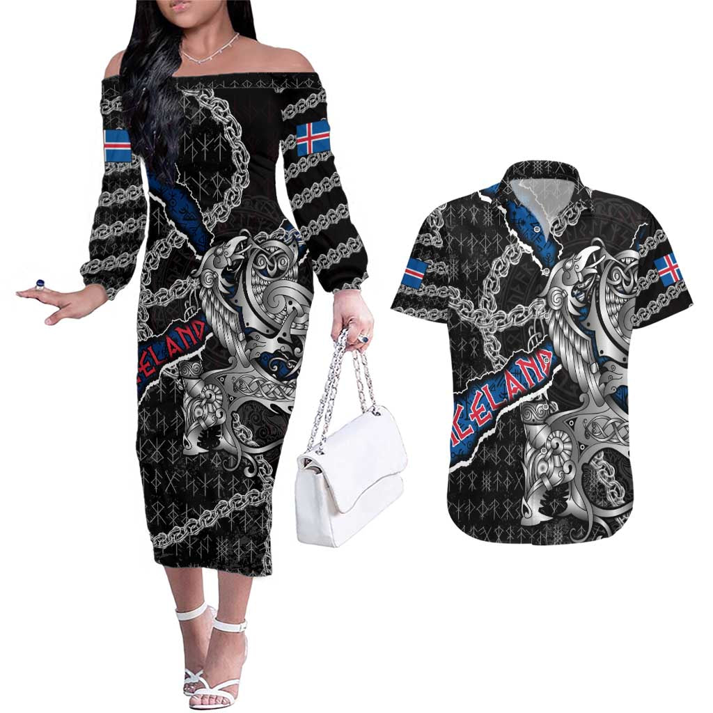 Personalized Iceland Vikings Couples Matching Off The Shoulder Long Sleeve Dress and Hawaiian Shirt Nordic Lion Bound in Runes and Chains