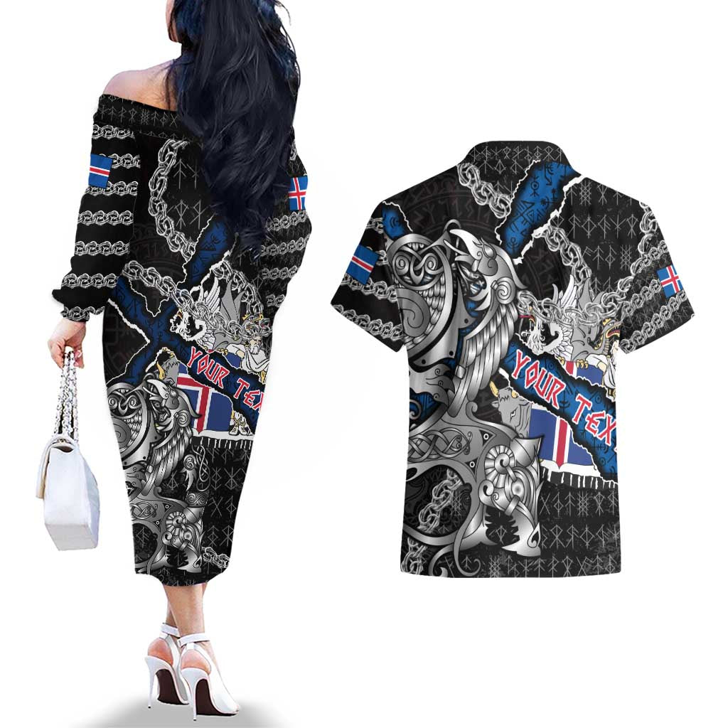Personalized Iceland Vikings Couples Matching Off The Shoulder Long Sleeve Dress and Hawaiian Shirt Nordic Lion Bound in Runes and Chains