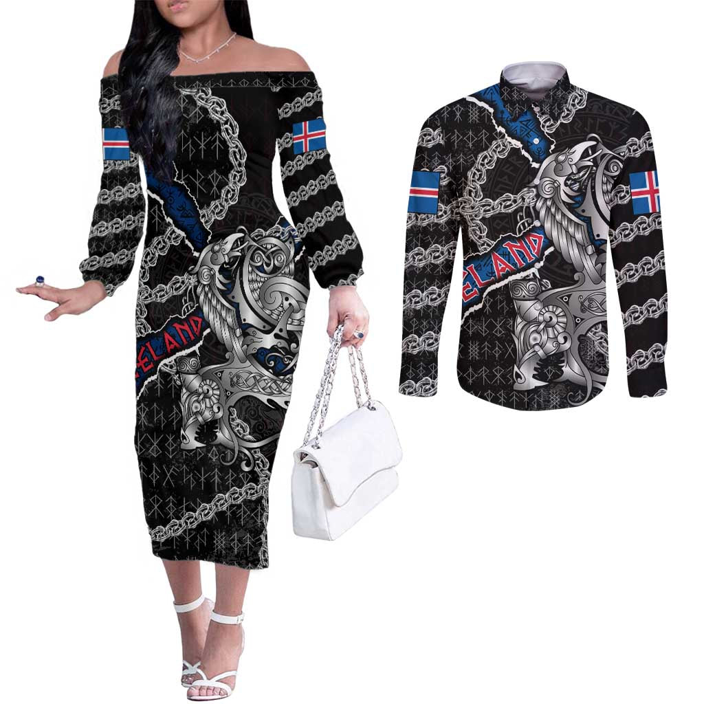 Personalized Iceland Vikings Couples Matching Off The Shoulder Long Sleeve Dress and Long Sleeve Button Shirt Nordic Lion Bound in Runes and Chains