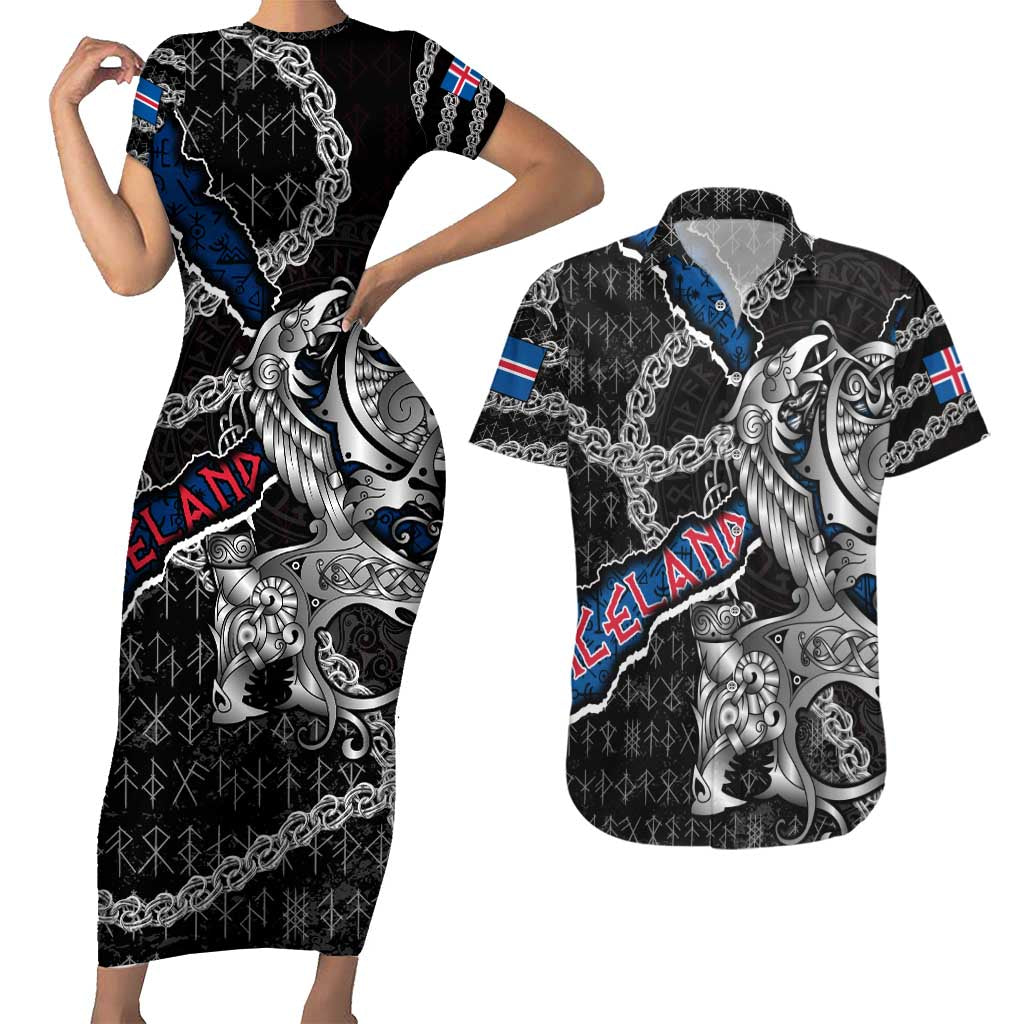 Personalized Iceland Vikings Couples Matching Short Sleeve Bodycon Dress and Hawaiian Shirt Nordic Lion Bound in Runes and Chains