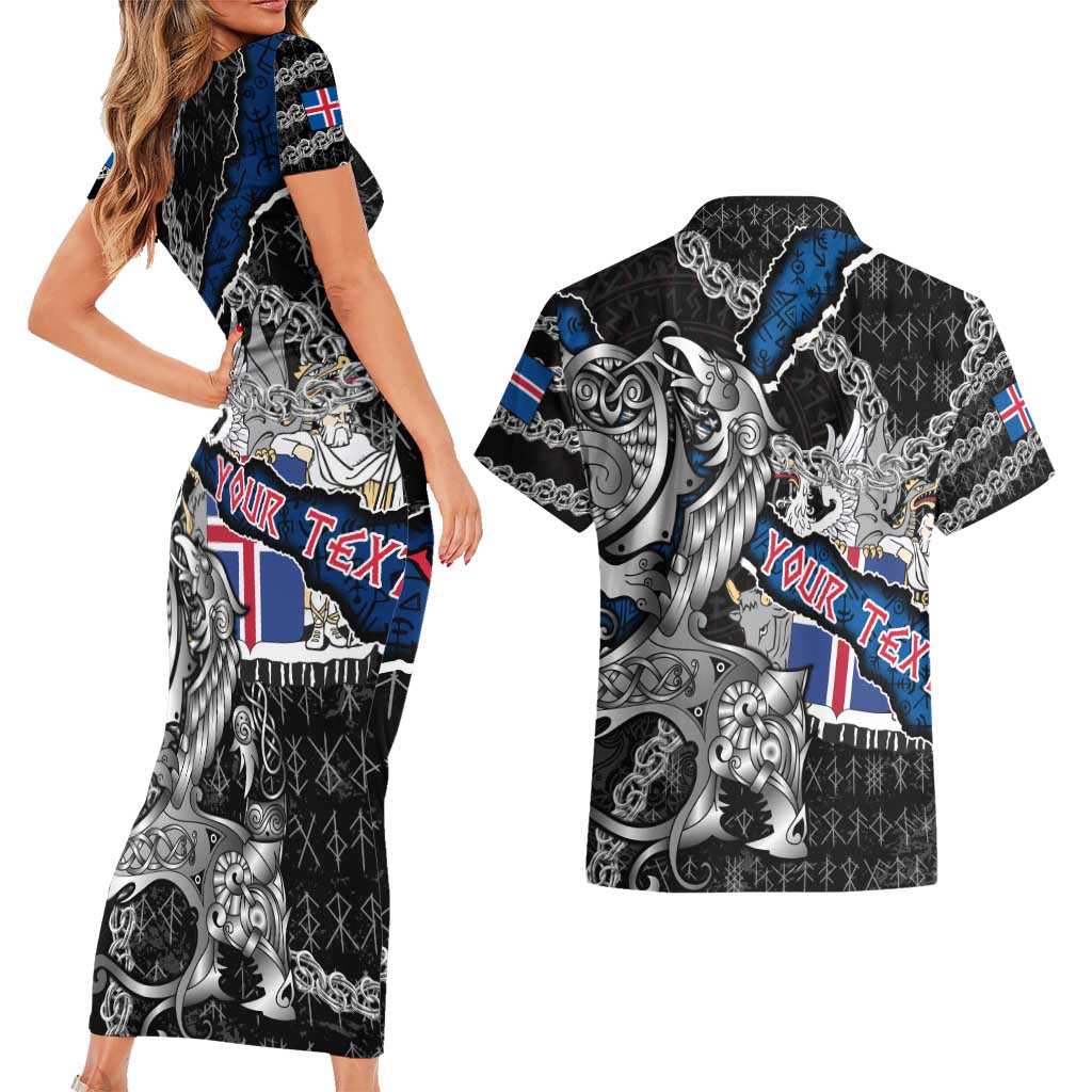 Personalized Iceland Vikings Couples Matching Short Sleeve Bodycon Dress and Hawaiian Shirt Nordic Lion Bound in Runes and Chains