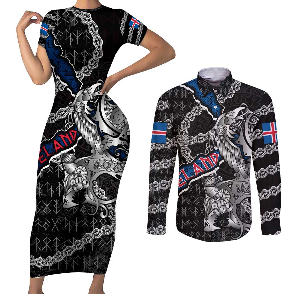Personalized Iceland Vikings Couples Matching Short Sleeve Bodycon Dress and Long Sleeve Button Shirt Nordic Lion Bound in Runes and Chains
